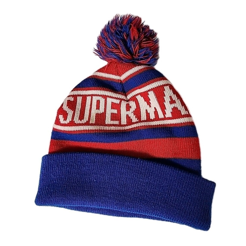 Superman Beanie One Size Fits Most Blue Red White Retro Pom Pom Style Old School